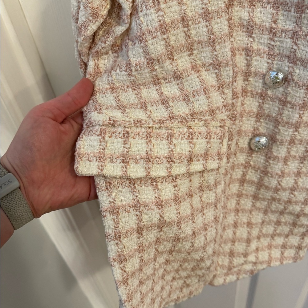 Maurices Pink and Cream Plaid Double-Breasted Tweed Blazer - Picture 5 of 6